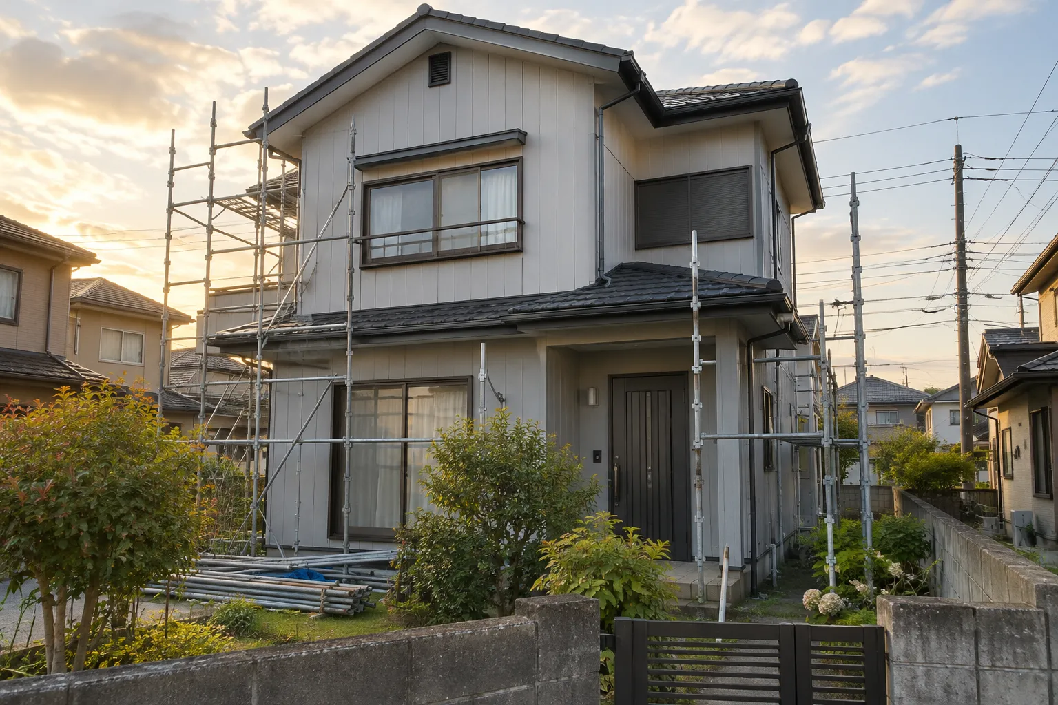 住宅の外壁を塗り替えている様子のイメージ（生成画像）
