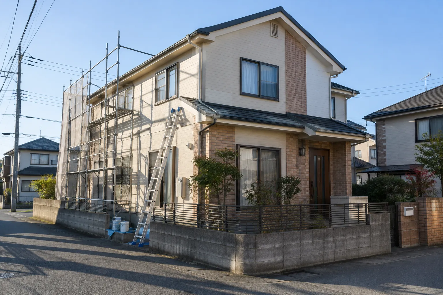住宅の外壁を塗り替えている様子のイメージ（生成画像）