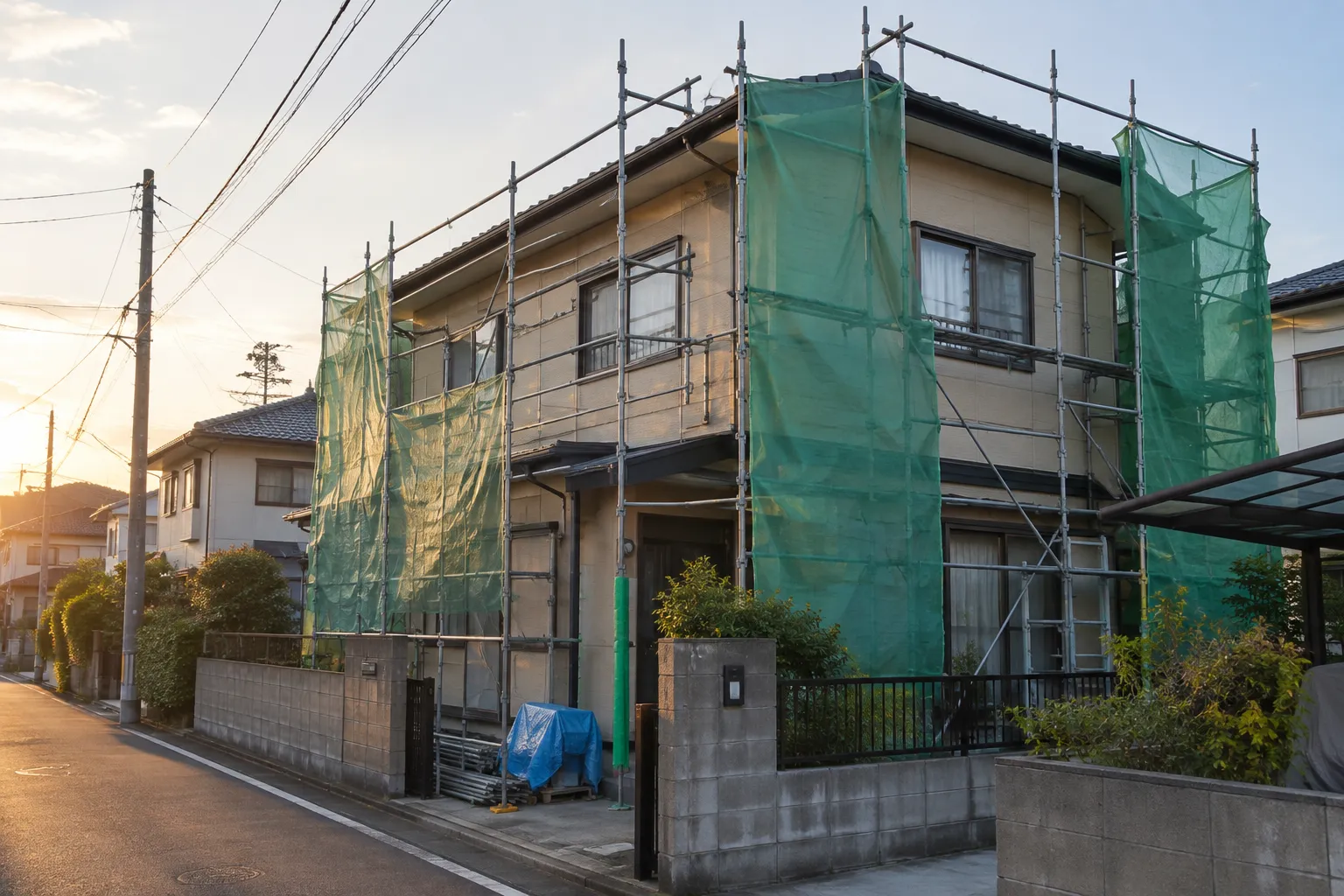 住宅の外壁を塗り替えている様子のイメージ（生成画像）