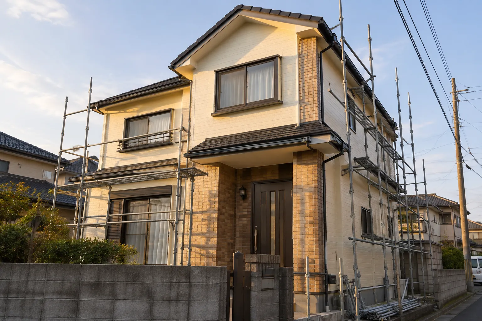 住宅の外壁を塗り替えている様子のイメージ（生成画像）
