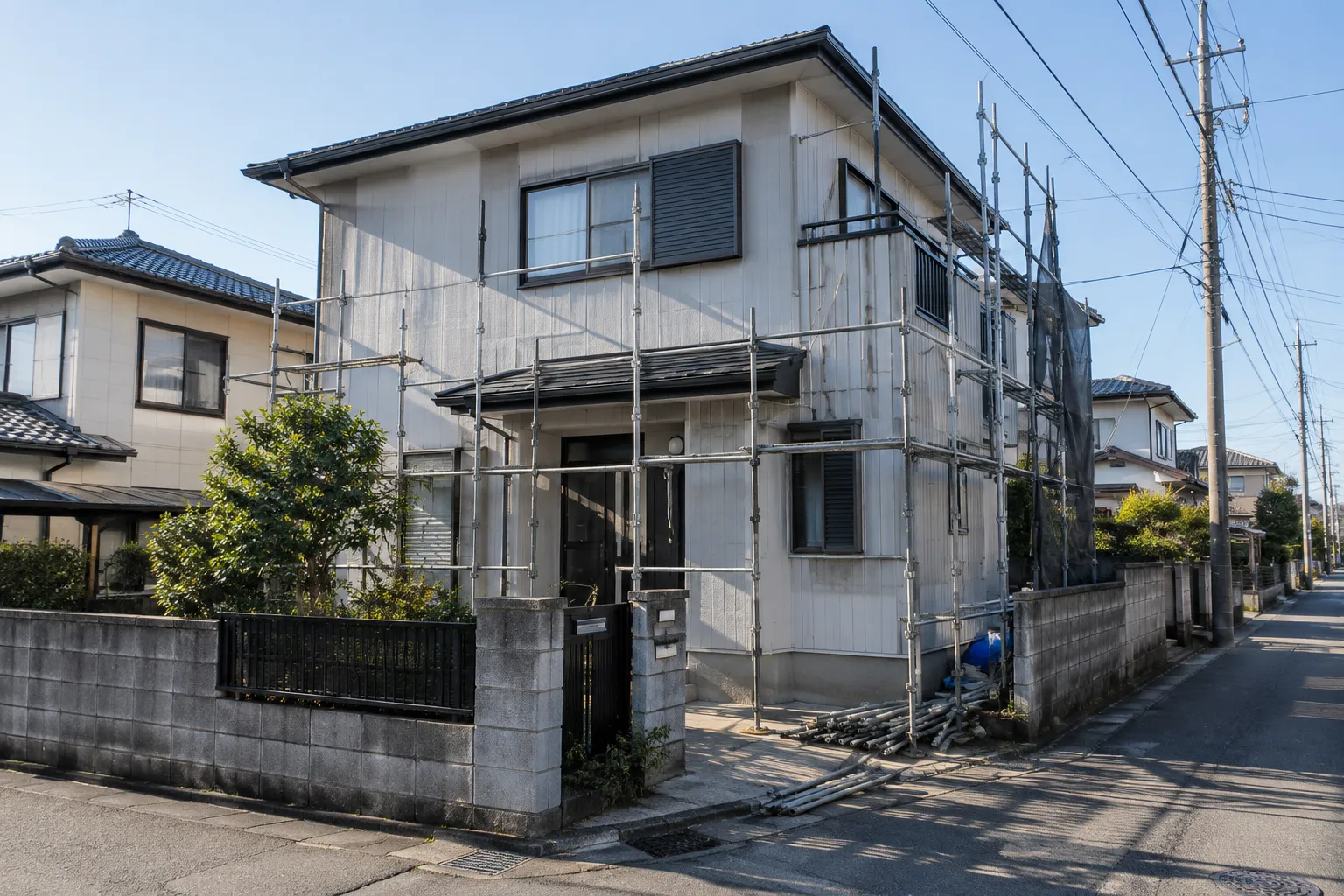 住宅の外壁を塗り替えている様子のイメージ（生成画像）