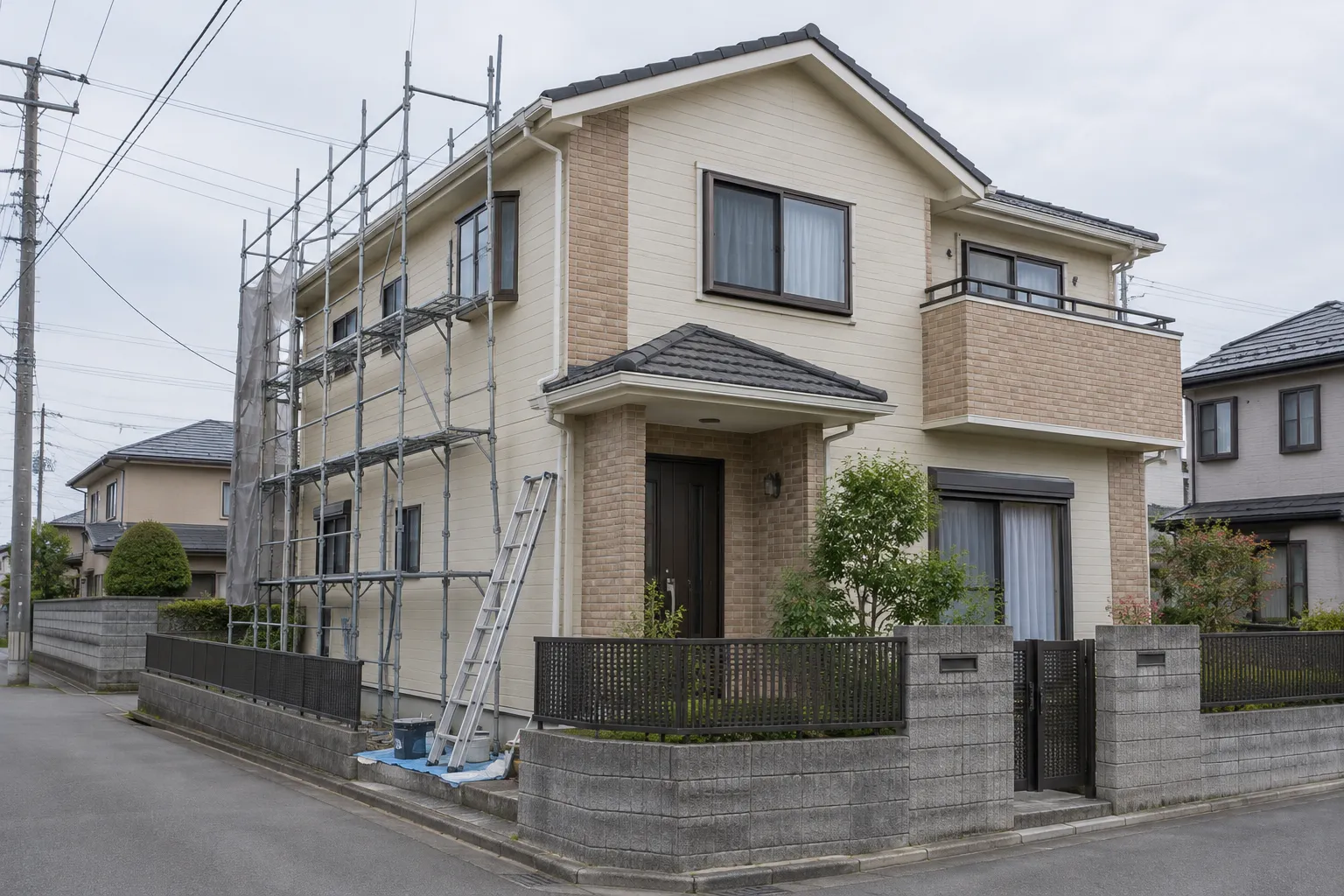 住宅の外壁を塗り替えている様子のイメージ（生成画像）