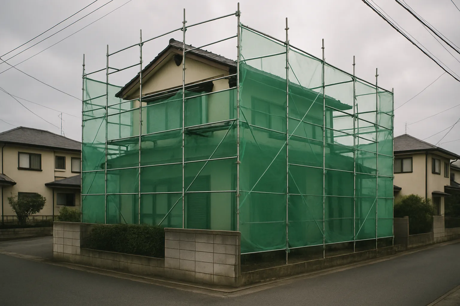 メッシュシートを張った足場で覆われた住宅の写真